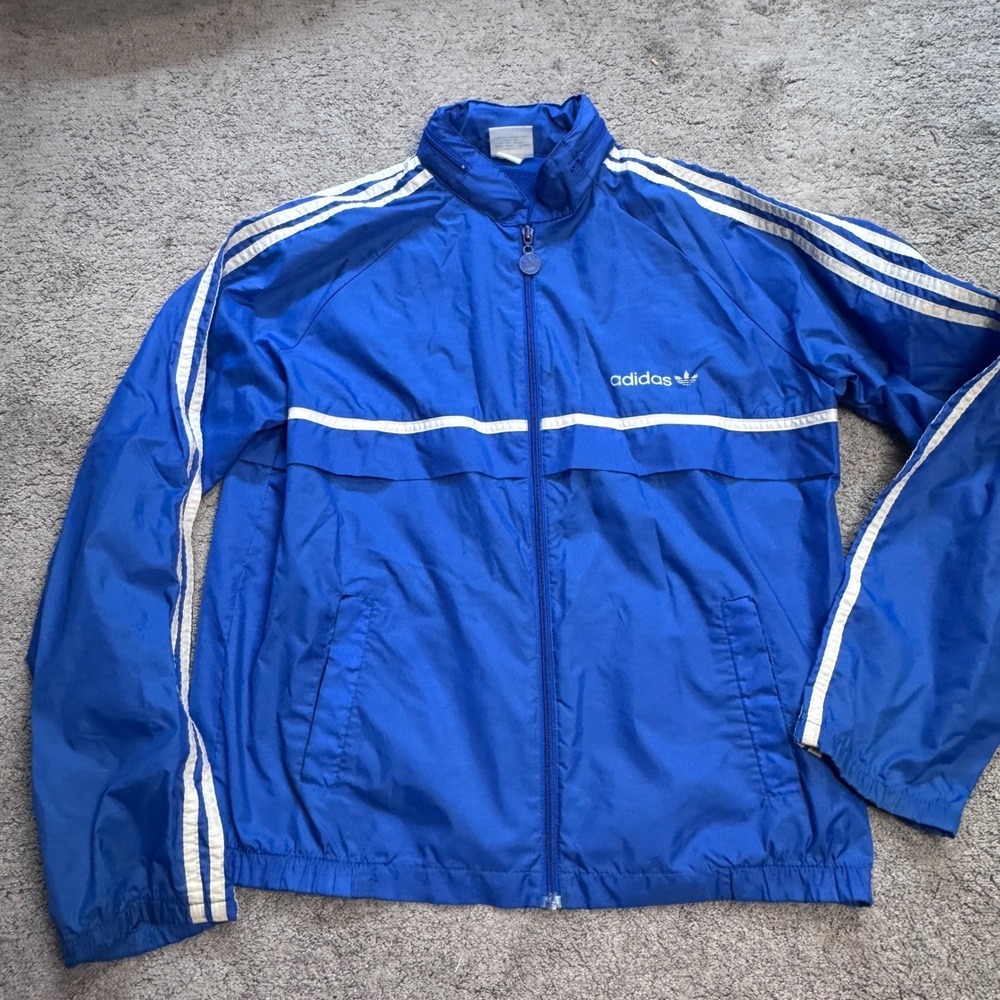 Vintage Adidas Men's Medium Full Zip Hooded Windbreaker Hidden Hood Jacket Blue